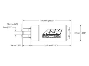Внешние размеры топливного насоса AEM 310 E85